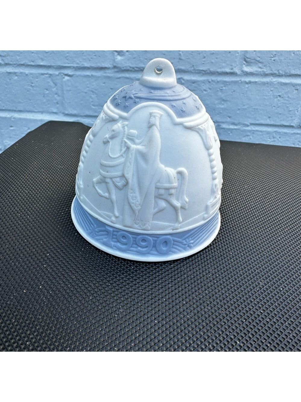 Vintage 1990 Lladro Porcelain Christmas Bell Ornament - White with Blue Accents